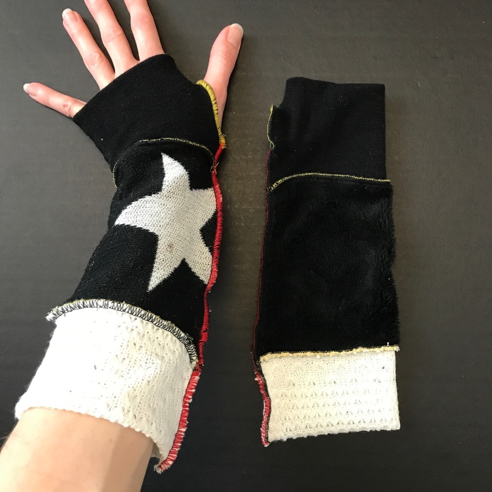 Upcycled Gloves Black Star Handwarmers Patchwork Armwarmers Striped Arm Warmers - Picture 1 of 7
